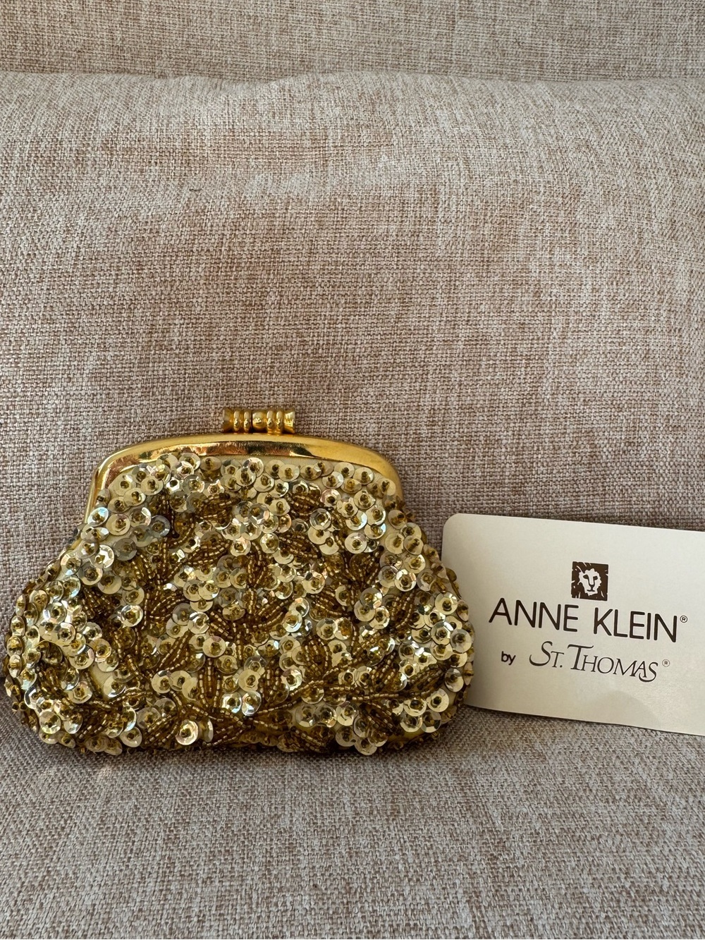 Anne Klein by St. Thomas Vintage Gold Sequin Beaded Kiss Lock Coin Purse Clutch